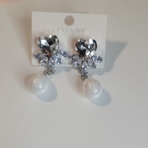 Silver and White Crystal Drop Earrings